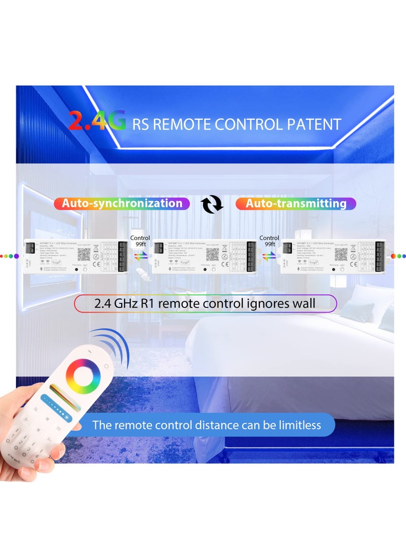 WB5 5 in 1 WiFi Bluetooth LED Strip Controller, Dimmable Compatible with Smart Life APP/Alexa Echo/Google Assistant Home/Siri, DC12 - 24V Lights Controller