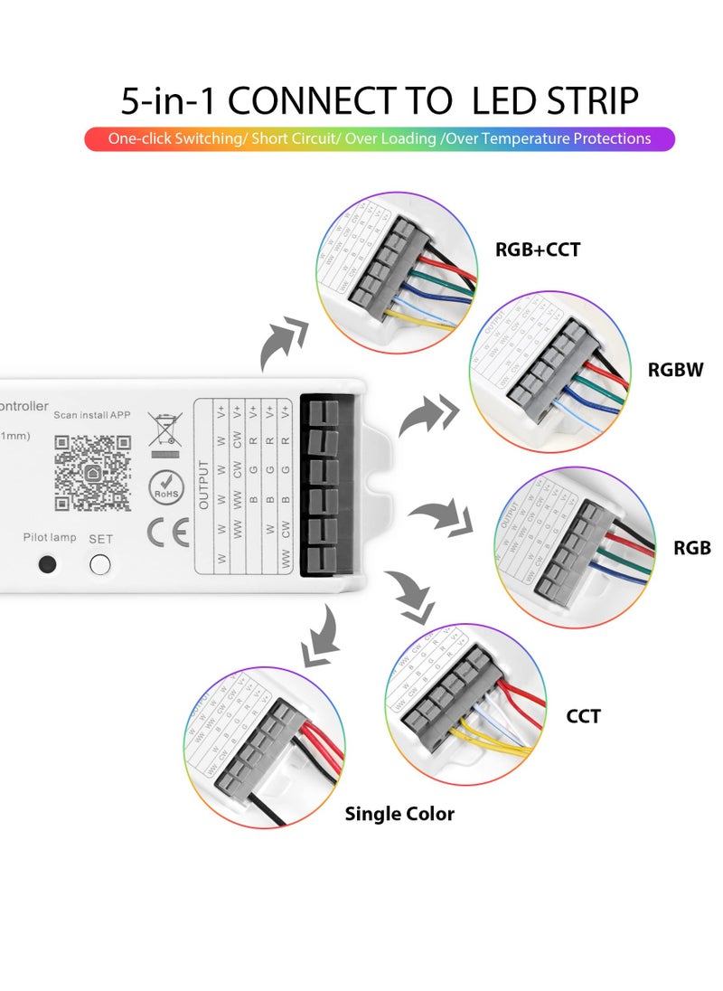 WB5 5 in 1 WiFi Bluetooth LED Strip Controller, Dimmable Compatible with Smart Life APP/Alexa Echo/Google Assistant Home/Siri, DC12 - 24V Lights Controller