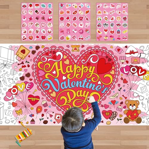 OHOME 91 PCS Valentines Stickers with Giant Coloring Poster Valentines Day Crafts for Kids Valentines Day Decorations Valentines Treats Favors Valentine Day Gifts for Kids Classroom - Image 1