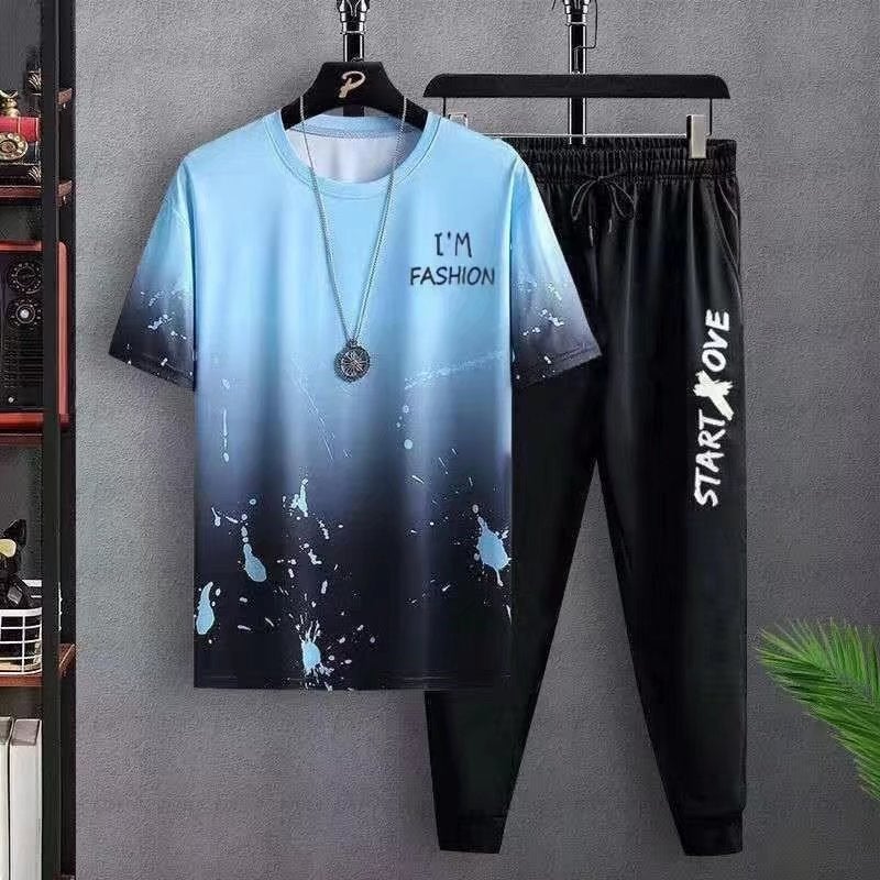 Summer Thin Sportswear Suit Youth Printed Set Gradient Blue-Trousers suit 