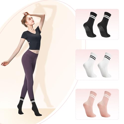 BendJoy® 3Pairs Yoga Socks for Women Anti Skid, Breathable Cotton Socks, Long Pilates Socks for Gym, Yoga, Football, Dance - Image 2