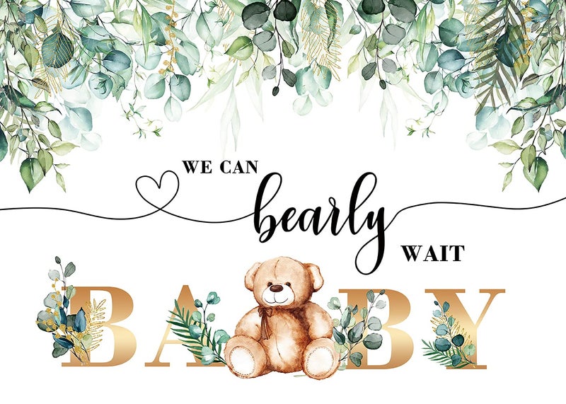 Cenven We Can Bearly Wait Bear Backdrop Spring Green Watercolor Leaves Golden Baby Teddy Bear Lovely Photography Background Baby Shower Birthday Party Cake Table Decoration Photo Booth Props 7x5FT - Image 2