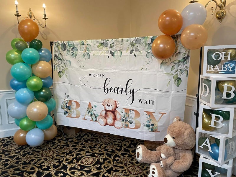Cenven We Can Bearly Wait Bear Backdrop Spring Green Watercolor Leaves Golden Baby Teddy Bear Lovely Photography Background Baby Shower Birthday Party Cake Table Decoration Photo Booth Props 7x5FT - Image 3