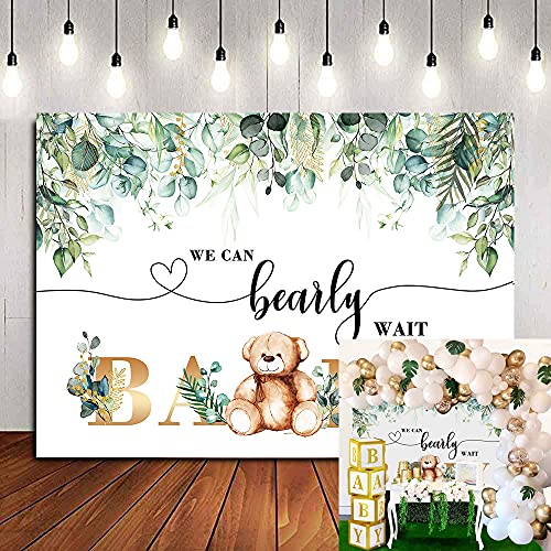 Cenven We Can Bearly Wait Bear Backdrop Spring Green Watercolor Leaves Golden Baby Teddy Bear Lovely Photography Background Baby Shower Birthday Party Cake Table Decoration Photo Booth Props 7x5FT - Image 1
