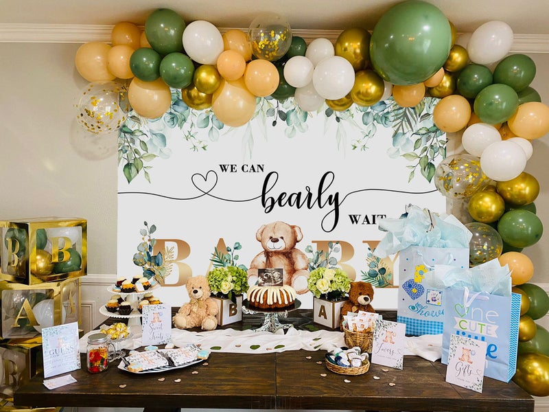 Cenven We Can Bearly Wait Bear Backdrop Spring Green Watercolor Leaves Golden Baby Teddy Bear Lovely Photography Background Baby Shower Birthday Party Cake Table Decoration Photo Booth Props 7x5FT - Image 4