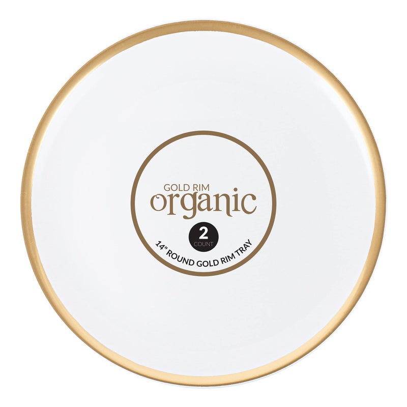 PLASTICPRO صواني تقديم بلاستيكية من PLASTICPRO - أطباق تقديم دائرية بحافة ذهبية 14×14 بوصة، أطباق حفلات للاستخدام مرة واحدة، عبوة من قطعتين - Image 1