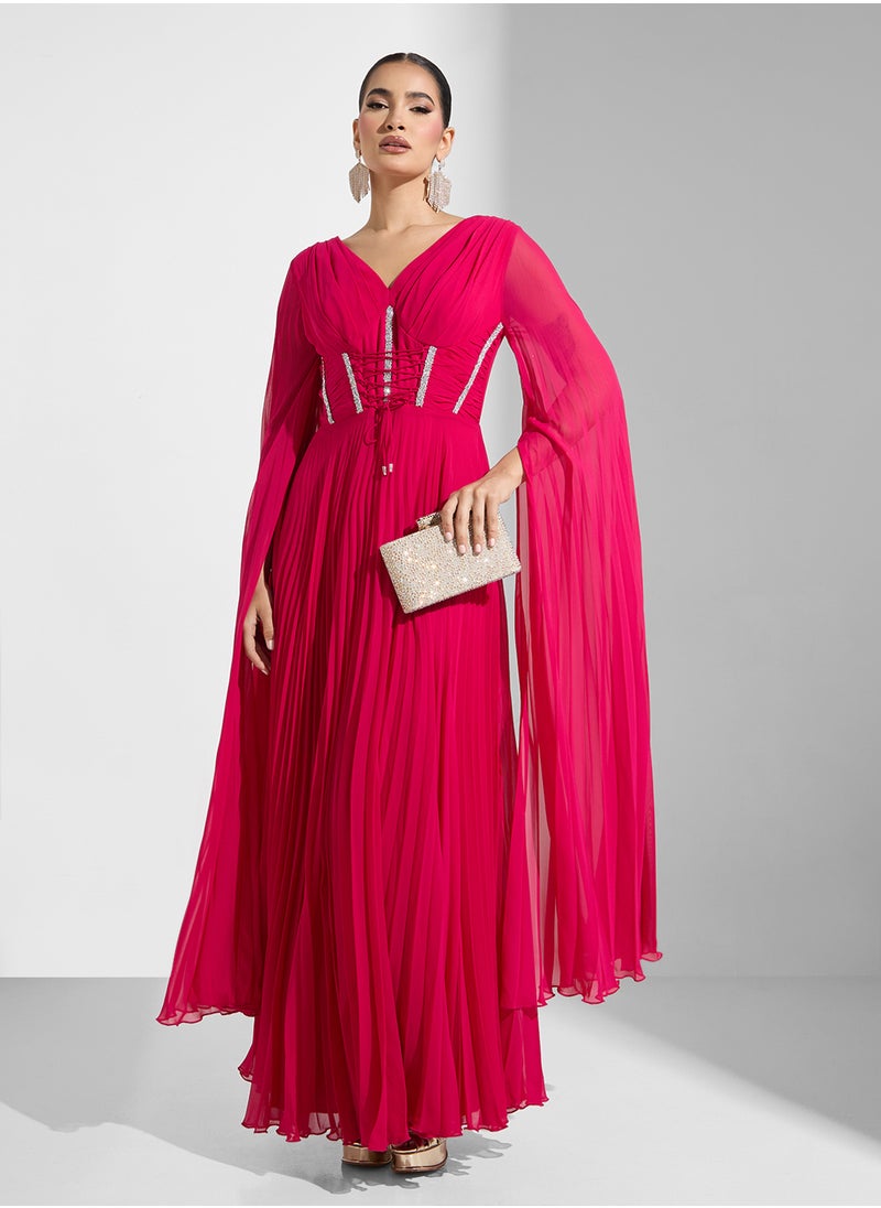 Namshi x - Plunge Neck Pleated Dress With Corset Bodice - Image 1