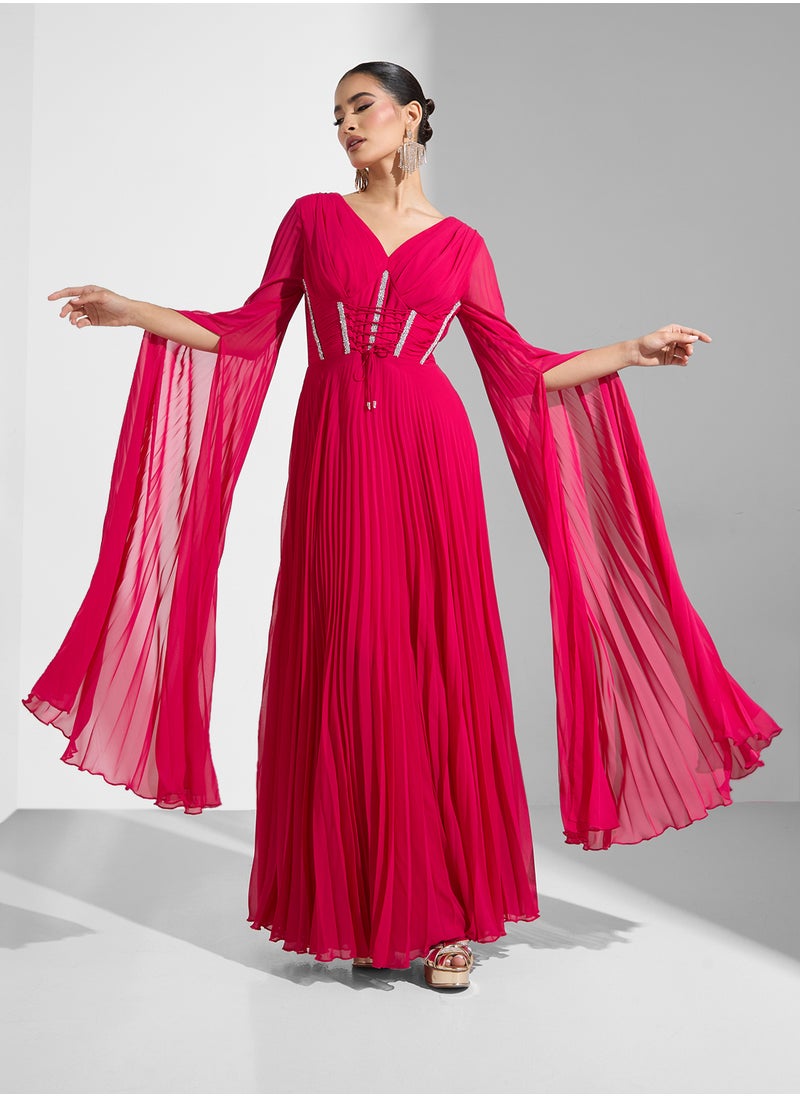 Namshi x - Plunge Neck Pleated Dress With Corset Bodice - Image 1