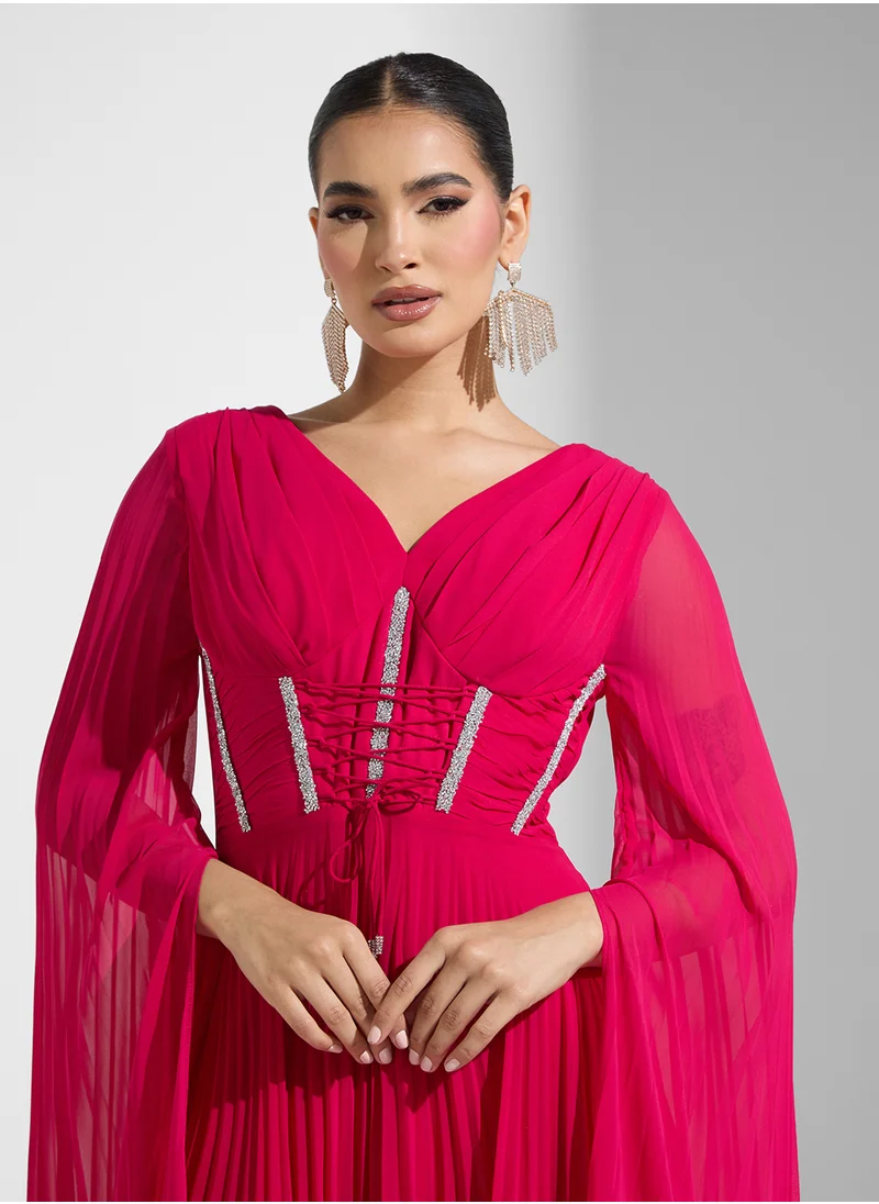 نمشي x Plunge Neck Pleated Dress With Corset Bodice