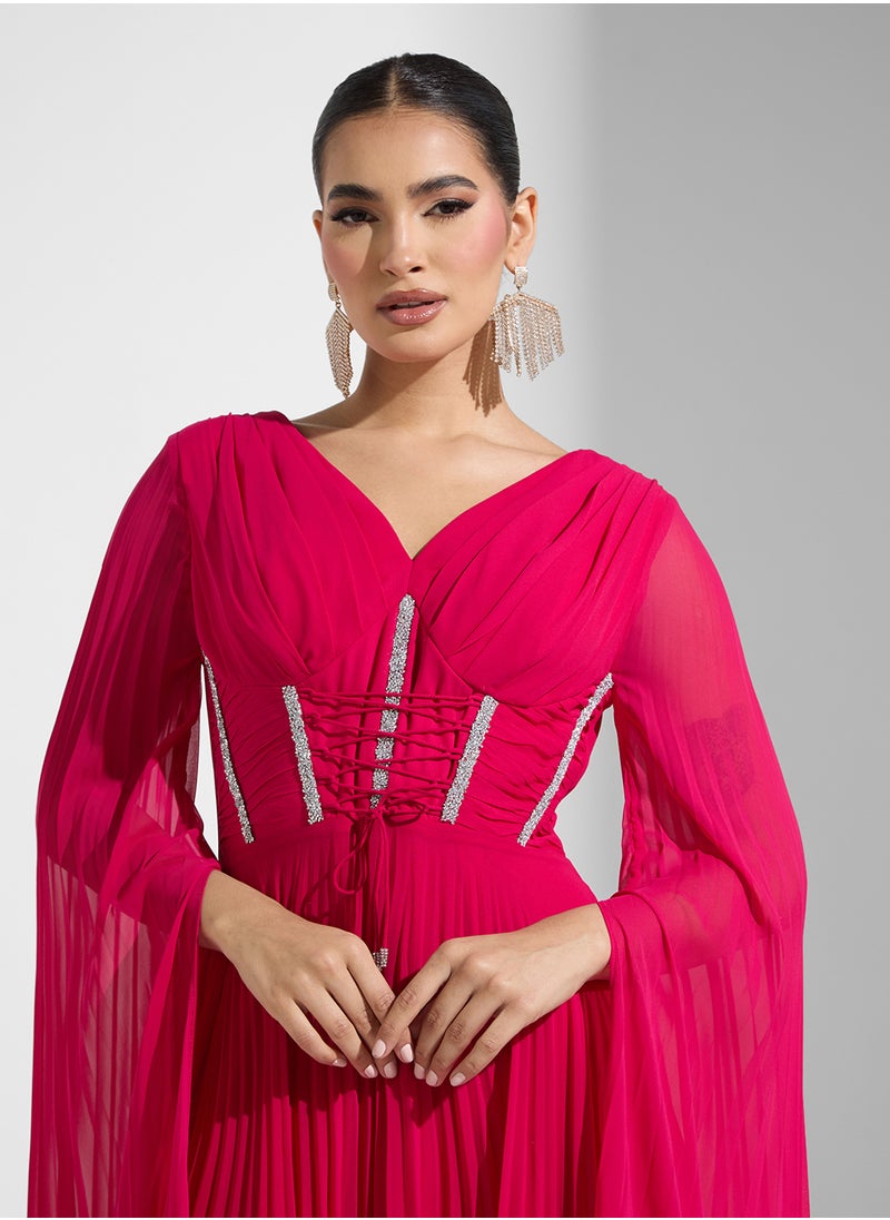 Namshi x - Plunge Neck Pleated Dress With Corset Bodice - Image 1