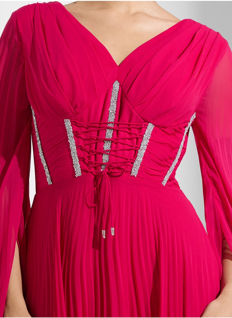 Namshi x - Plunge Neck Pleated Dress With Corset Bodice - Image 1