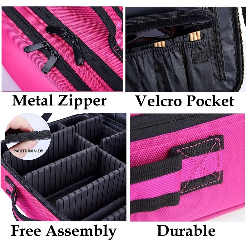 EZLOOT Nylon Fabric Travel Makeup Case with Adjustable Dividers for Women Girls Makeup Artist Cosmetic Storage Bag Pink 16 INCH2 Layer - Image 3