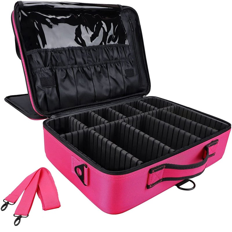 EZLOOT Nylon Fabric Travel Makeup Case with Adjustable Dividers for Women Girls Makeup Artist Cosmetic Storage Bag Pink 16 INCH2 Layer - Image 1