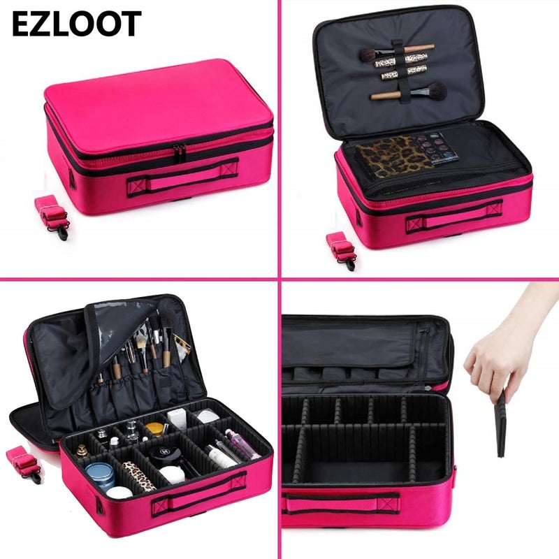 EZLOOT Nylon Fabric Travel Makeup Case with Adjustable Dividers for Women Girls Makeup Artist Cosmetic Storage Bag Pink 16 INCH2 Layer - Image 5