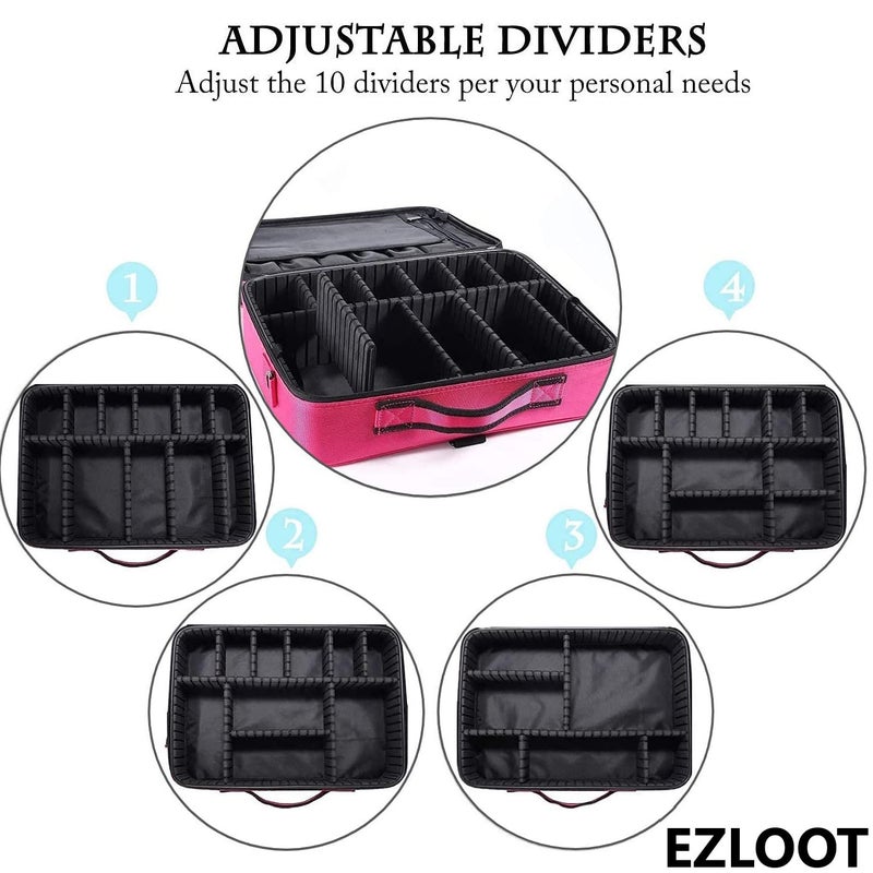 EZLOOT Nylon Fabric Travel Makeup Case with Adjustable Dividers for Women Girls Makeup Artist Cosmetic Storage Bag Pink 16 INCH2 Layer - Image 4