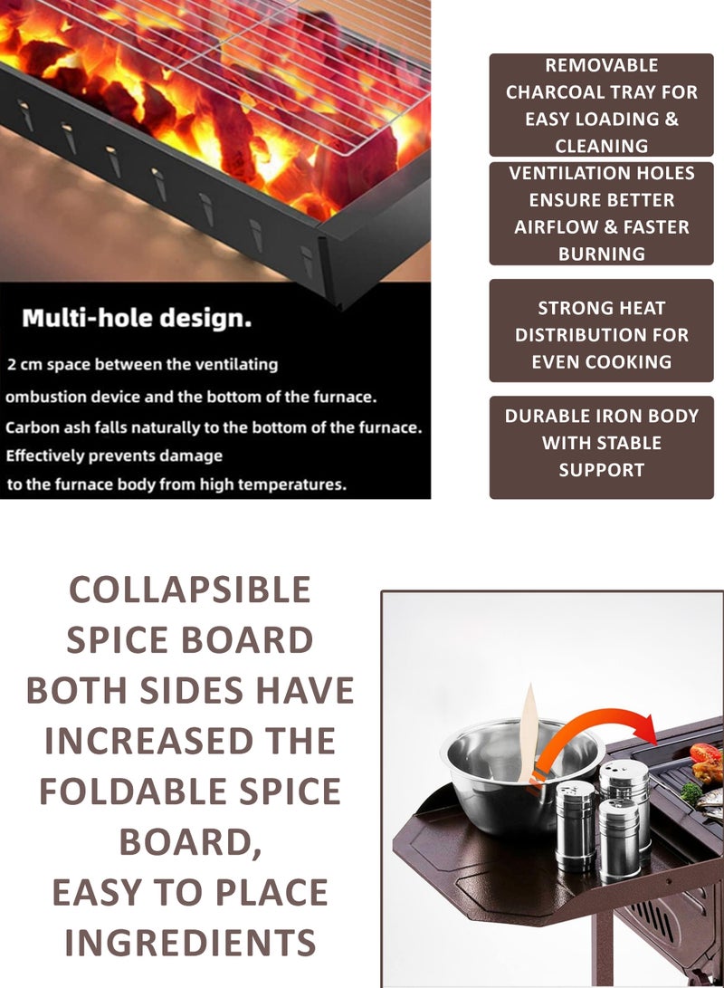 توشيونيكس شواية فحم خارجية محمولة قابلة للطي بجناحين مزدوجين مع وضعي طهي، ارتفاع قابل للتعديل، هيكل حديدي عالي التحمل، شبكات مطلية بالكروم، مقلاة، صينية فحم، مقابض مضادة للحروق، مساحة طهي كبيرة مع مروحة يدوية للشواء للتخييم والحديقة والنزهات والحفلات - Image 4