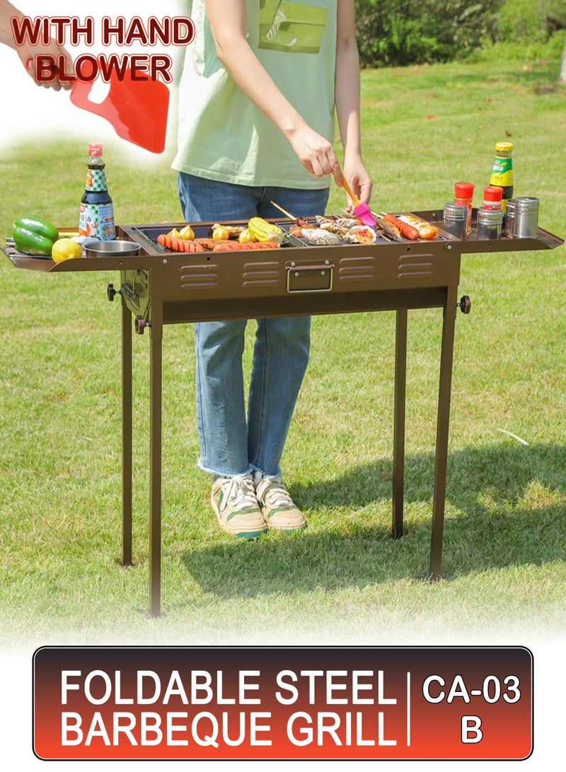 توشيونيكس شواية فحم خارجية محمولة قابلة للطي بجناحين مزدوجين مع وضعي طهي، ارتفاع قابل للتعديل، هيكل حديدي عالي التحمل، شبكات مطلية بالكروم، مقلاة، صينية فحم، مقابض مضادة للحروق، مساحة طهي كبيرة مع مروحة يدوية للشواء للتخييم والحديقة والنزهات والحفلات - Image 1