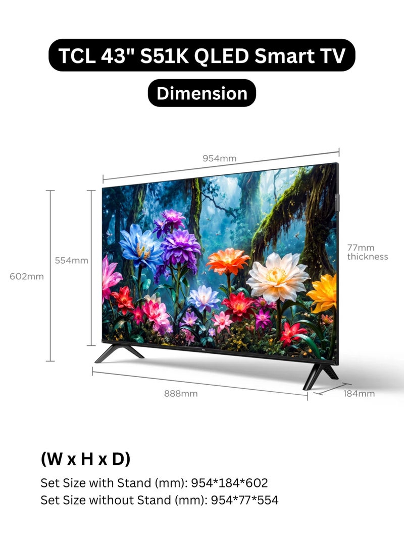 TCL 43-Inch S51K 2K QLED Smart TV (2026 UAE Version) - TCL 43" Google TV, 43S51K FHD QLED TV with Vivid Color, HDR10, Dolby Audio, Google Cast, Game Mode, Kids Profile, Metallic Bezel-Less Slim Design 43S51K Black - Image 2
