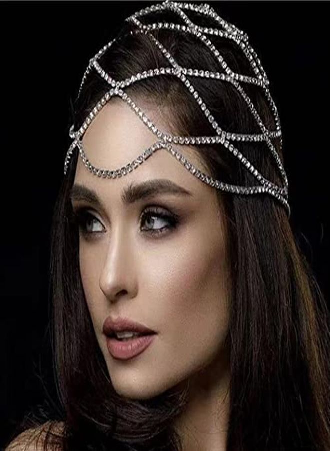 Fdesigner Crytsal Head Chain Silver Cap Headpieces Party Rhinestone Flapper Hairpieces Jewelry Gatsby Belly Dance Cleopatra Hair Accessories For Women - Image 2