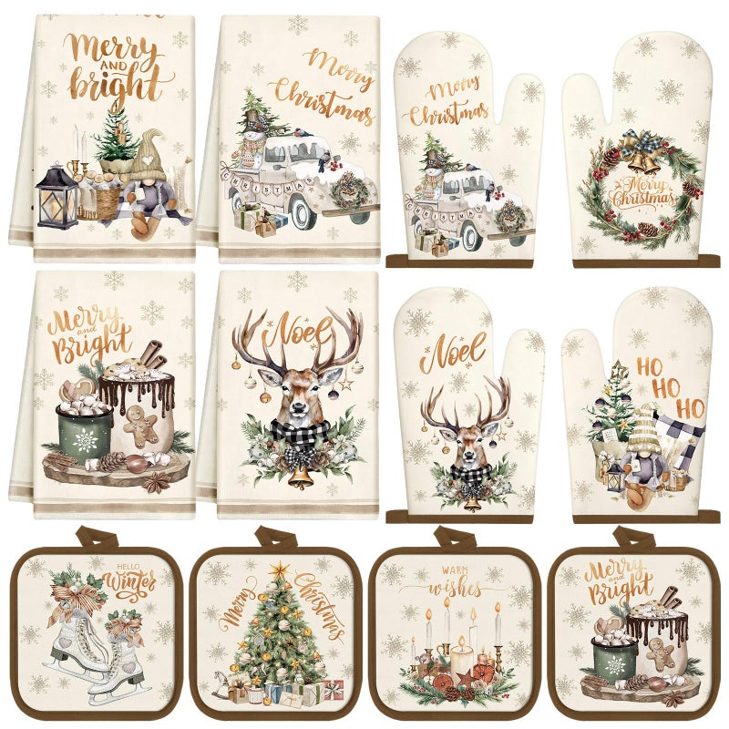 SiliFine 12 Pcs Oven Mitts and Kitchen Towel Sets 4 Dish Towels 4 Potholders 4 Vintage Resistant Glove for Cooking Baking Home GiftingWood Color - Image 2