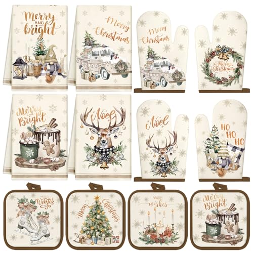 SiliFine 12 Pcs Oven Mitts and Kitchen Towel Sets 4 Dish Towels 4 Potholders 4 Vintage Resistant Glove for Cooking Baking Home GiftingWood Color - Image 1