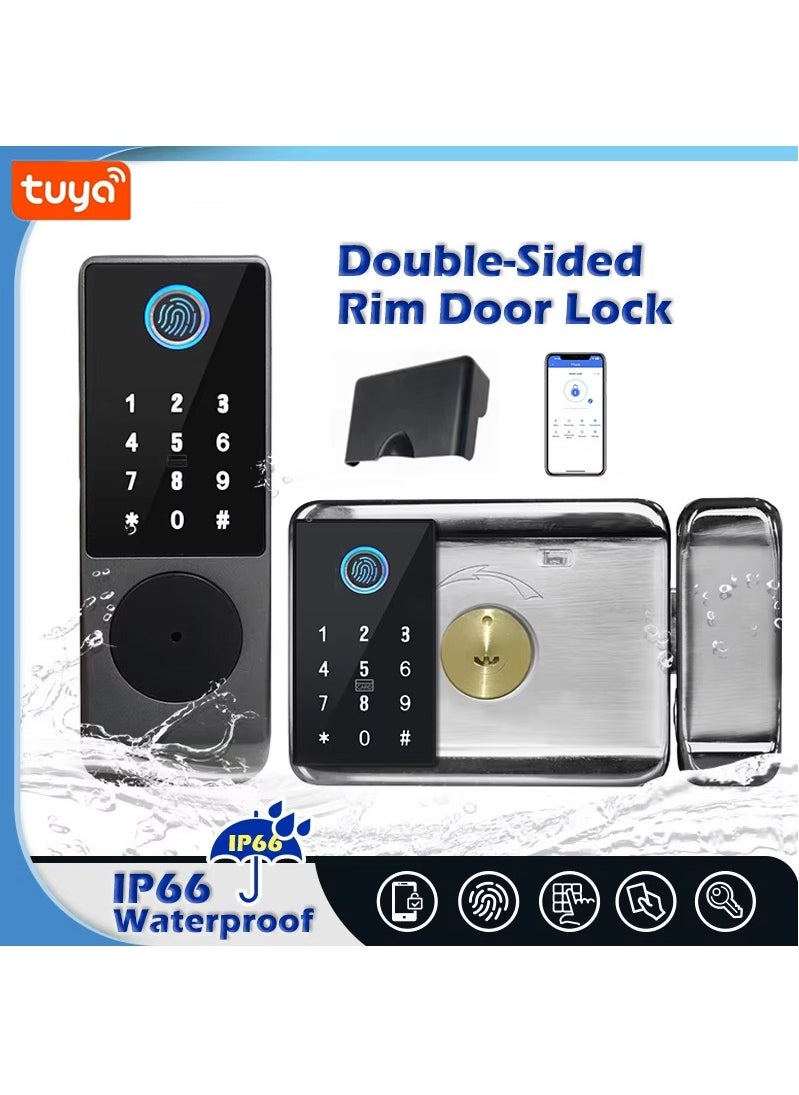 LAESO Tuya WiFi IP66 Waterproof Smart Door Lock, Outdoor Garden Double Side Fingerprint Lock, IC Card Code Key Remote App Home Electronic Rim Lock, Keyless Access Electronic Lock  - Image 1