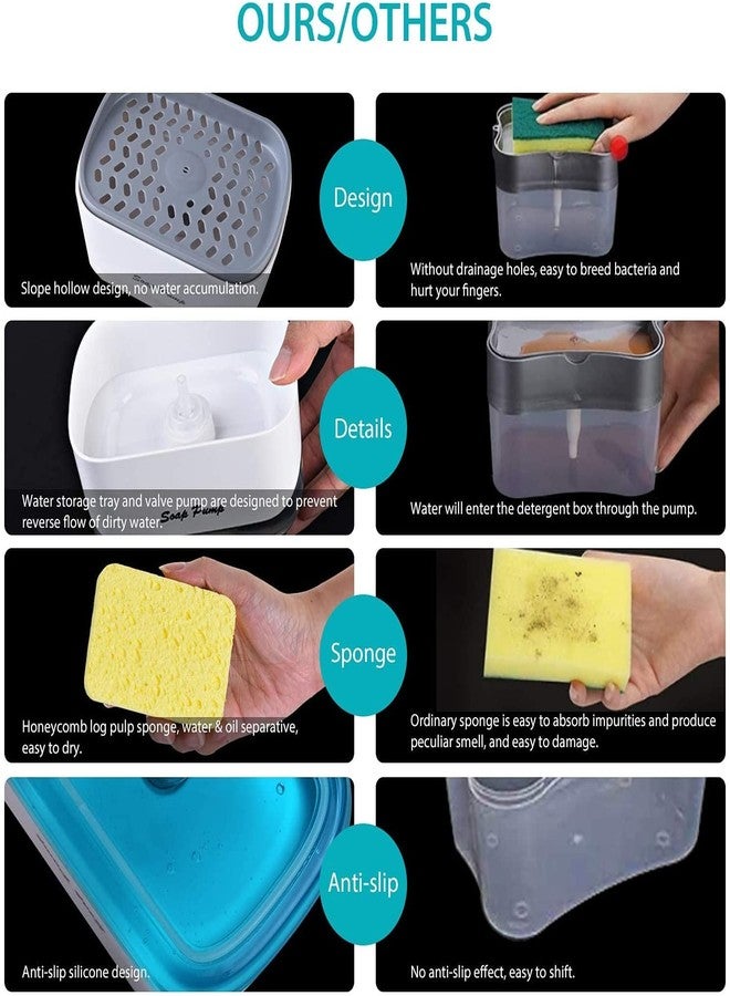 Styxon موزع صابون سائل للأطباق من ستيكسون مع حامل إسفنجة: مضخة صابون سائل لليدين مع حامل إسفنجة مانع للتسرب، مناسب لسطح المطبخ أو حوض الحمام - يتضمن إسفنجة وقمع سيليكون متعدد الألوان - Image 4