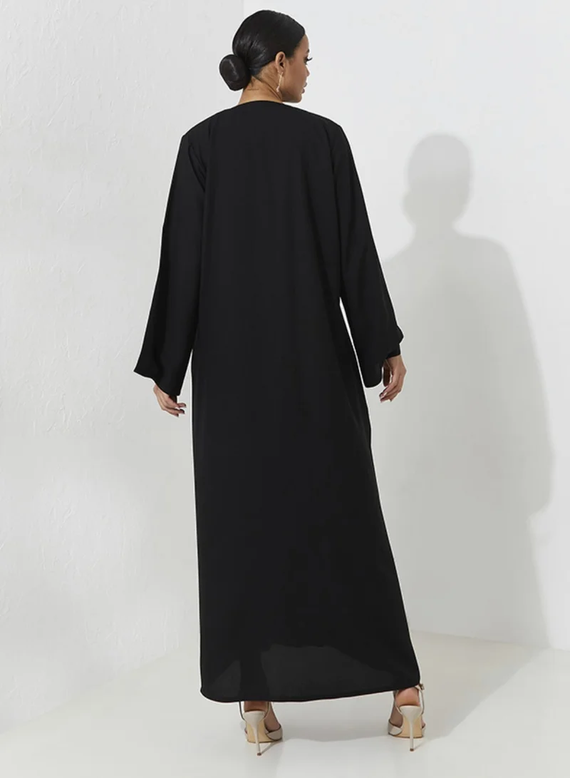 Rosette Abaya Black Open Abaya with gold Mix Flowers design stitching