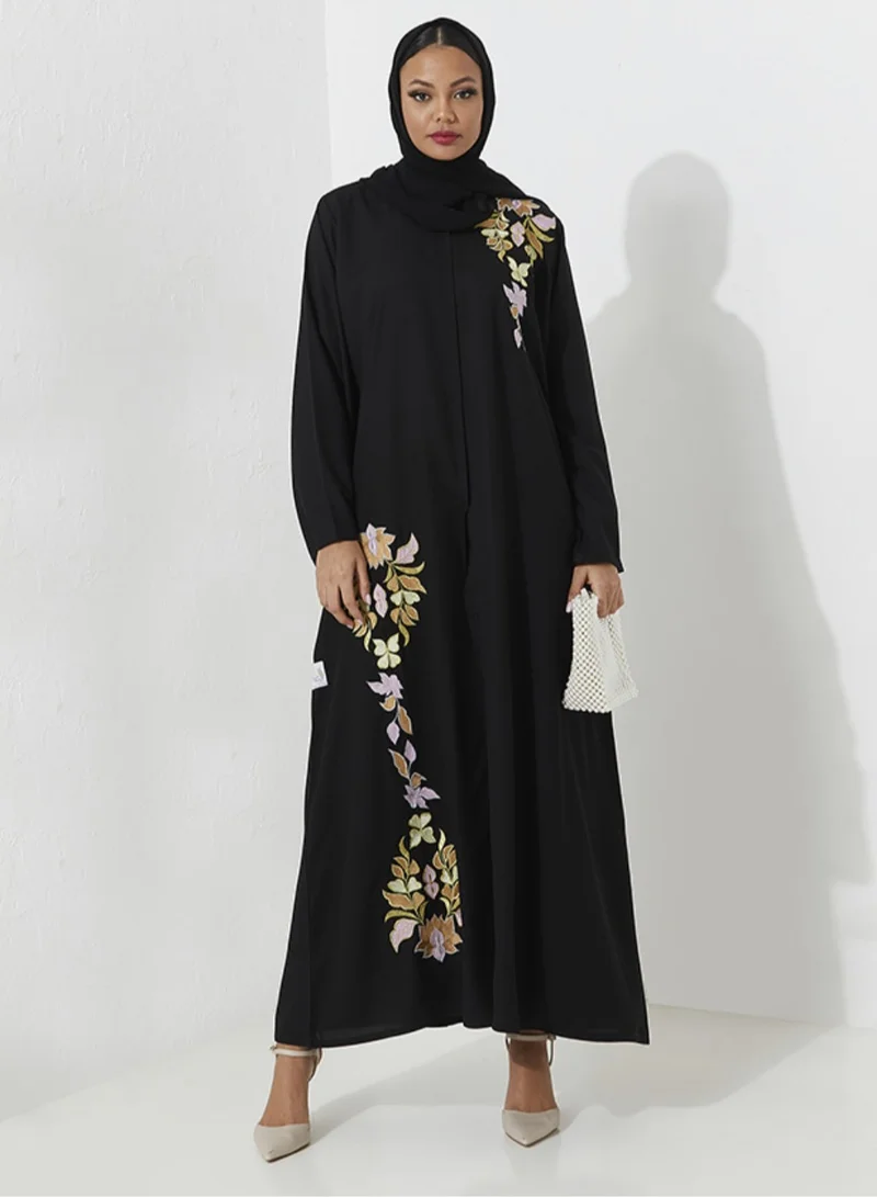 Rosette Abaya Black Open Abaya with gold Mix Flowers design stitching