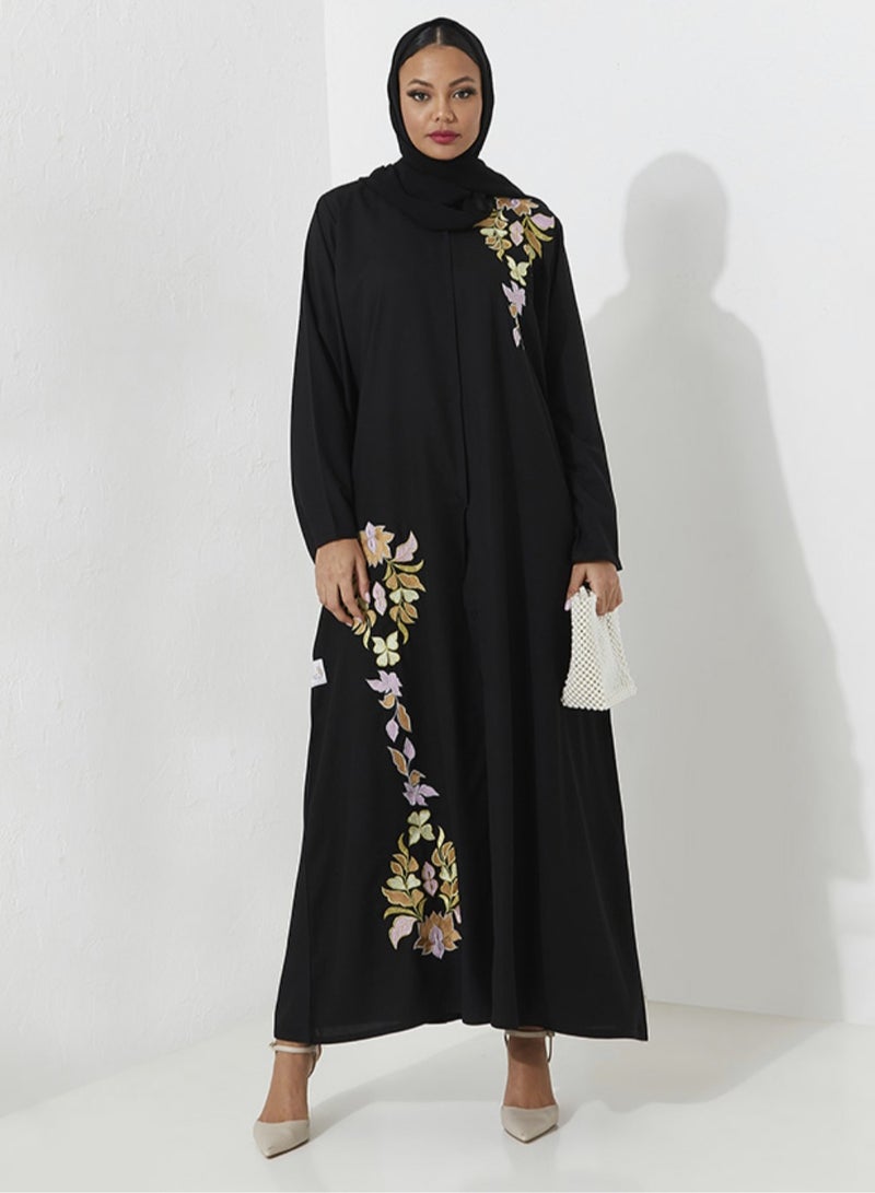 روزيت عباية عباية سوداء مفتوحة بتصميم مزخرف من الزهور الذهبية - Image 3