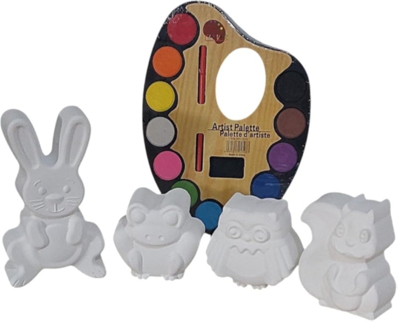 Gypsum Shapes (4 animals) for Coloring (Squirrel,Owl, Rabbit, Frog) +12-color watercolour palette + Free Painting Brush. Encourage Children to Use their Imagination to Create Unique Works of Art.