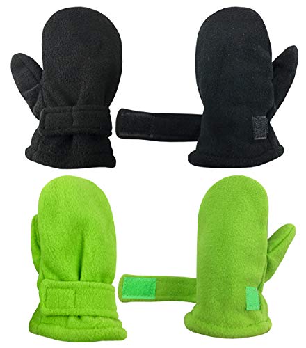 N'Ice Caps Baby Toddler Mittens Kids 2 Pairs Fleece Gloves Winter Warm Sherpa Lined (Black/Neon Green, 2-3 Years) - Image 2