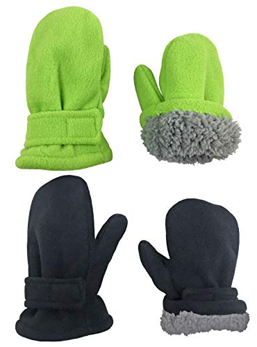 N'Ice Caps Baby Toddler Mittens Kids 2 Pairs Fleece Gloves Winter Warm Sherpa Lined (Black/Neon Green, 2-3 Years) - Image 1