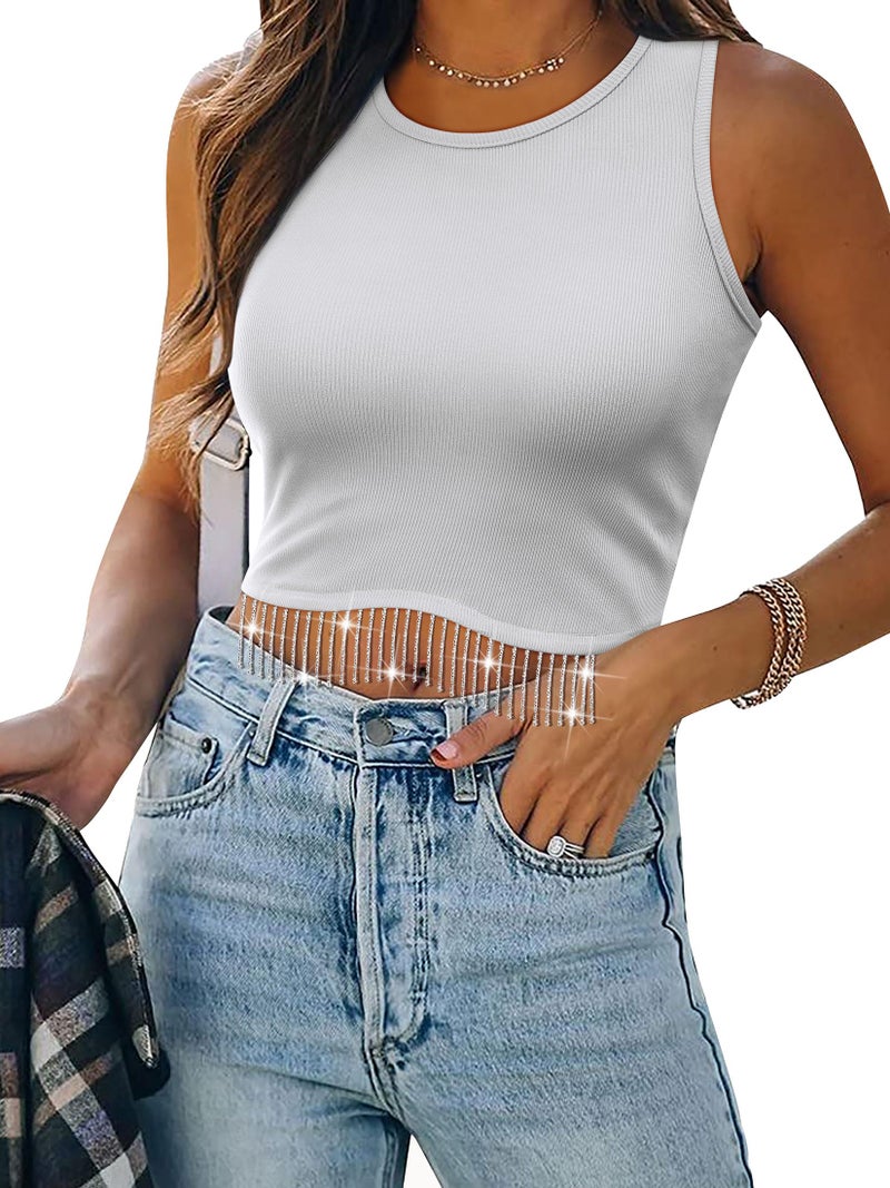 Nlife Womens Western Sparkly Fringe Sleeveless Crop Tops Cowgirl Going Out Cropped Tank Tops with Glitter Tassel - Image 1