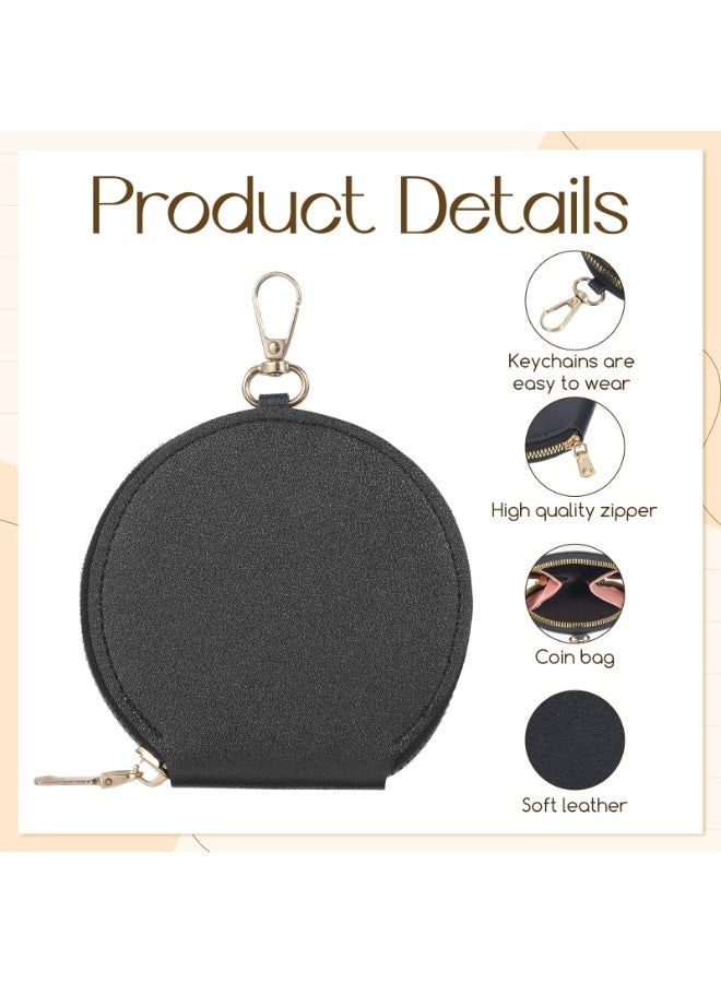 2 Pcs Mini Round PU Leather Zipper Coin Purse With Keychain, Portable Vintage Change Wallet For Cash, Earphones And Jewelry Storage - Image 3