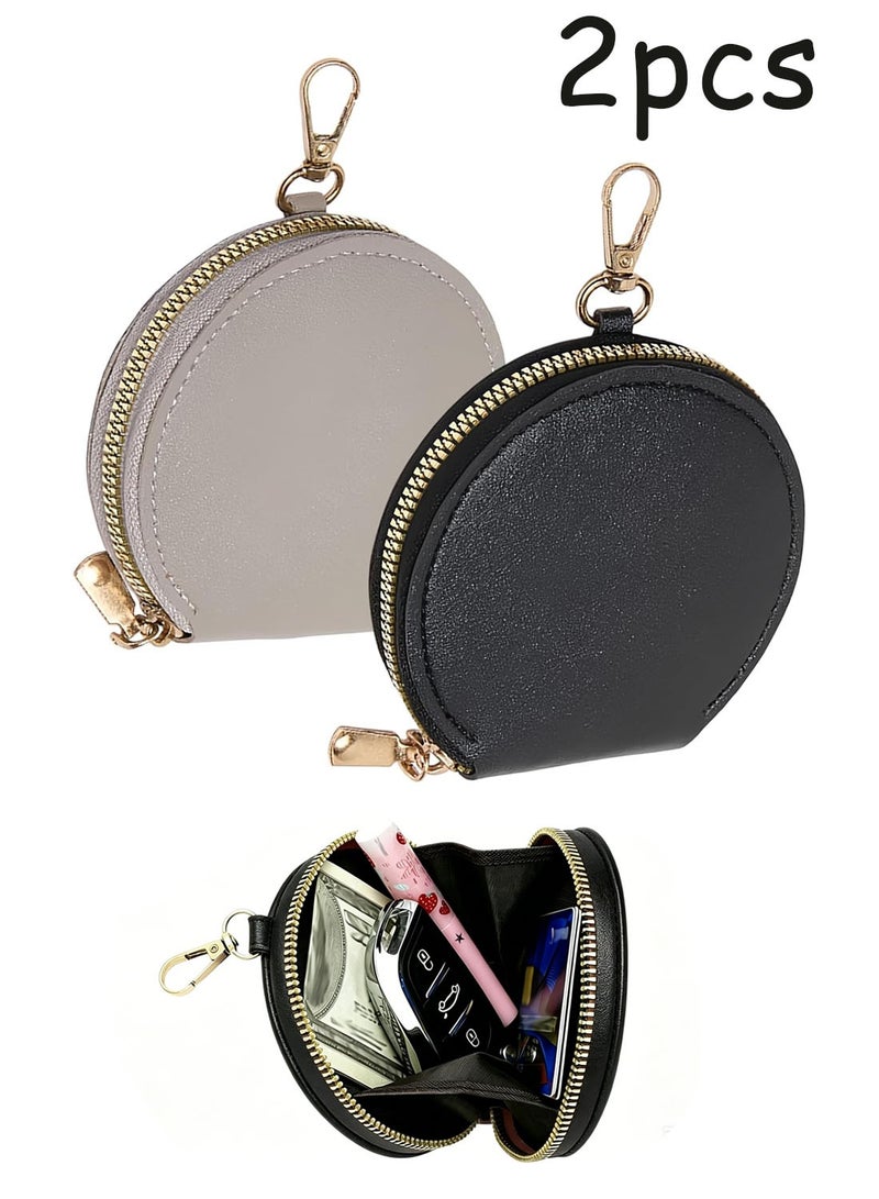 2 Pcs Mini Round PU Leather Zipper Coin Purse With Keychain, Portable Vintage Change Wallet For Cash, Earphones And Jewelry Storage - Image 1