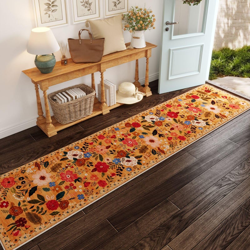 Rugcomf Runners for Hallways Kitchen Runner Rug Non Slip 2'x10' Long Washable Rugs with Rubber Backing Soft Floral Carpet Runner for Hallways, Kitchen, Laundry, Bedroom, Bathroom(Yellow) - Image 2