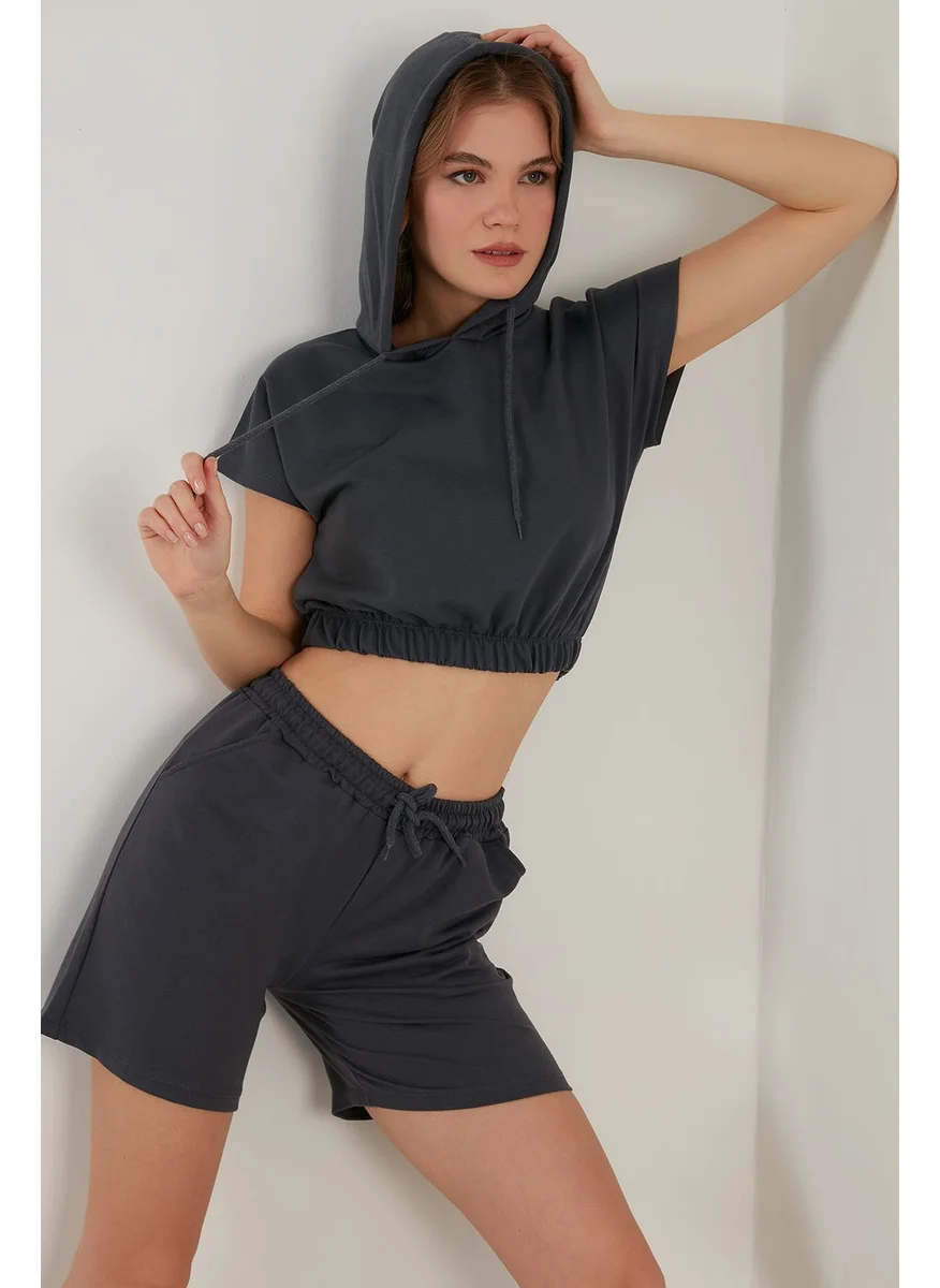 ليلا Cotton Hooded Crop Top and Bottom Set with Pockets Women's Set 5864922