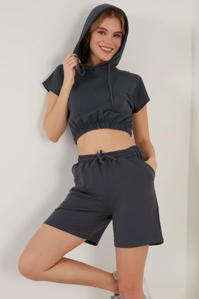 Lela Cotton Hooded Crop Top and Bottom Set with Pockets Women's Set 5864922