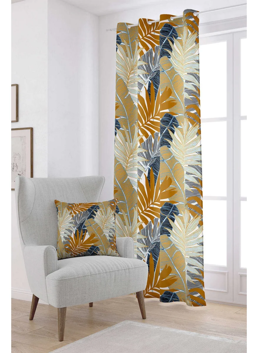 Cango Home Brown Navy Blue Tropical Leaf Patterned Digital Printed Curtain OTYK767-PR