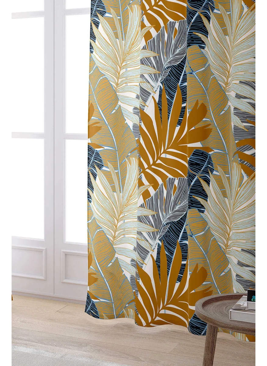 Cango Home Brown Navy Blue Tropical Leaf Patterned Digital Printed Curtain OTYK767-PR