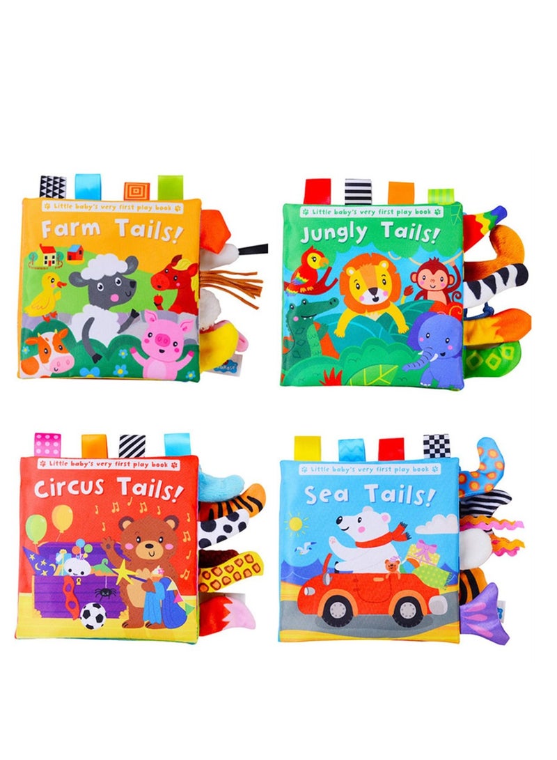Loquat 4-Piece Animal Tail Cloth Book Baby Ring Paper Cloth Enlightenment Early Education Cloth Book 0-3 Year Old Infant Toys 15*15cm  - Image 1