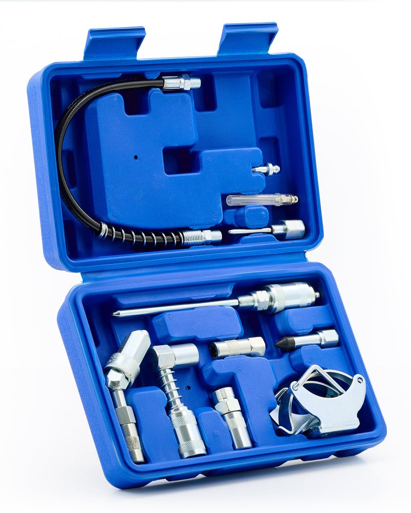 Orion Motor Tech Grease Gun Accessory Kit 11 Piece Grease Gun Coupler Set for Hard to Reach Grease Fittings Heavy Duty Lubrication Grease Zerk Fitting Adapters with Grease Gun Hose Holder