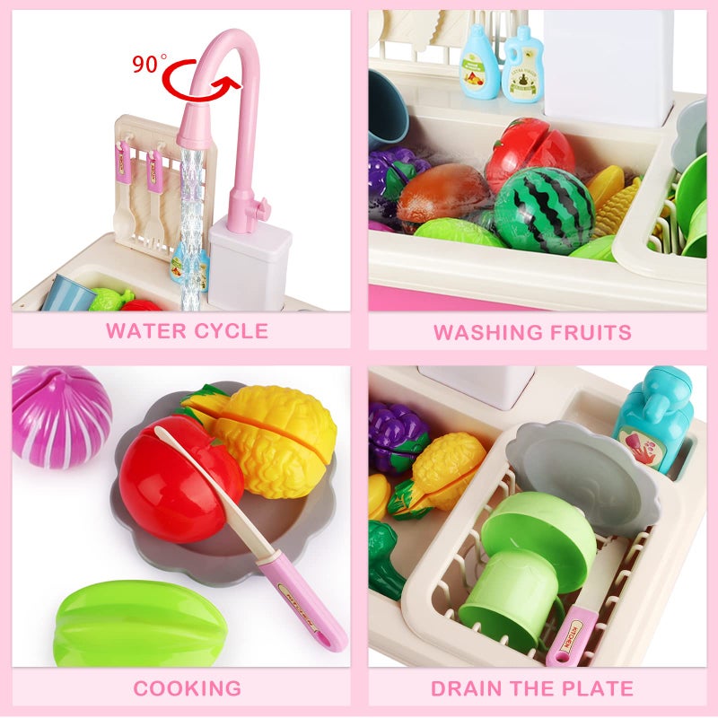 deAO Kitchen Toy Sink Toys with Cutting FoodElectric Dishwasher Playing Toy with Running Water Role Playing Game Pretend Food44 PCS Kitchen Accessories Set for 3 4 5 Years Old Girls Boys - Image 3