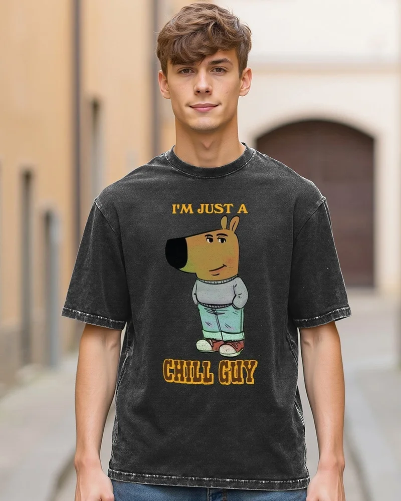 بيواكوف تيشيرت رجالي أسود مطبوع برسومات تشيل جاي بقصة واسعة وغسيل حمضي