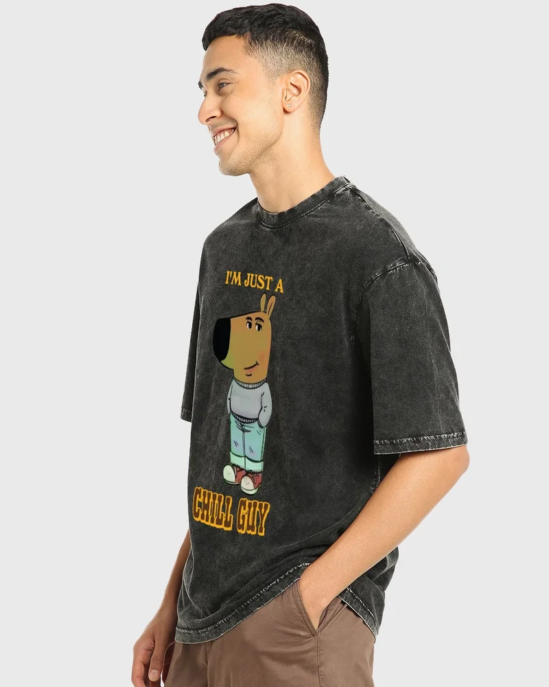 bewakoof Men's Black Chill Guy Graphic Printed Oversized Acid Wash T-shirt