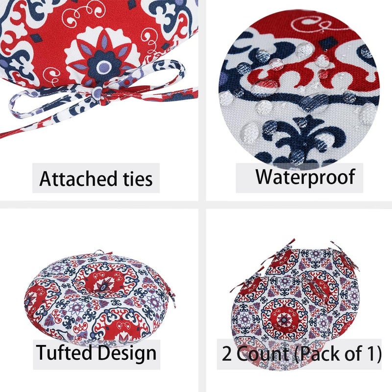 FUNHOME Bistro Chair Cushions 15 inch,Set of 2,Tufted Round Chair Cushions with Ties,15"x15"x4",Water Resistant Round Seat Cushion for Barstool Chairs,Patio Garden Kitchen Outdoor Furniture(Red Medal) - Image 5