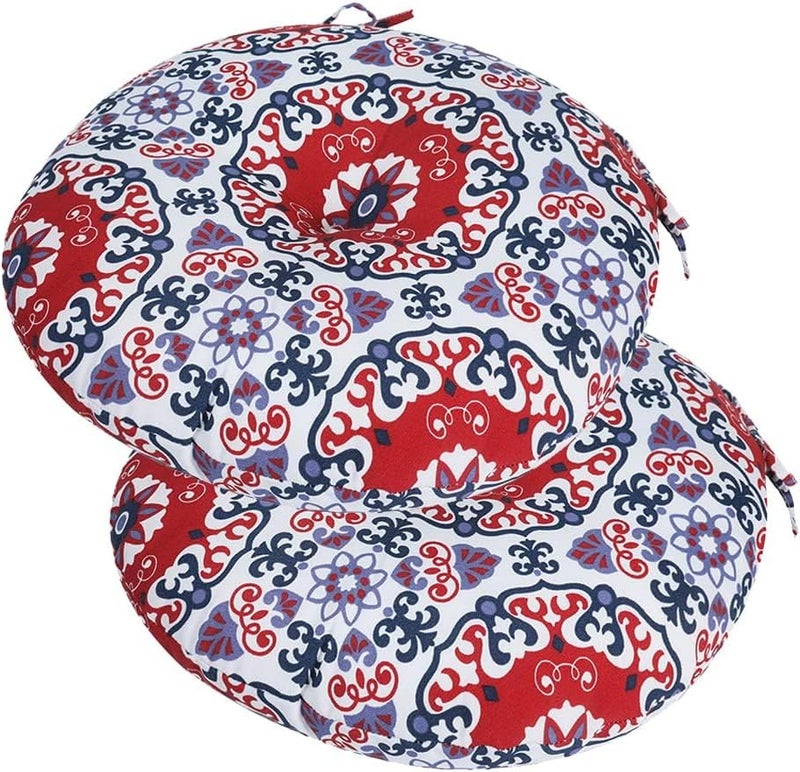 FUNHOME Bistro Chair Cushions 15 inch,Set of 2,Tufted Round Chair Cushions with Ties,15"x15"x4",Water Resistant Round Seat Cushion for Barstool Chairs,Patio Garden Kitchen Outdoor Furniture(Red Medal) - Image 1