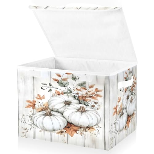 Bolaz Storage Bins with Lids and HandlesWhite Pumpkin Wood Storage Box Basket with Cover Collapsible Organizer Containers for Home Closet Shelves - Image 1