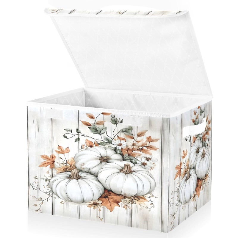 Bolaz Storage Bins with Lids and HandlesWhite Pumpkin Wood Storage Box Basket with Cover Collapsible Organizer Containers for Home Closet Shelves - Image 2